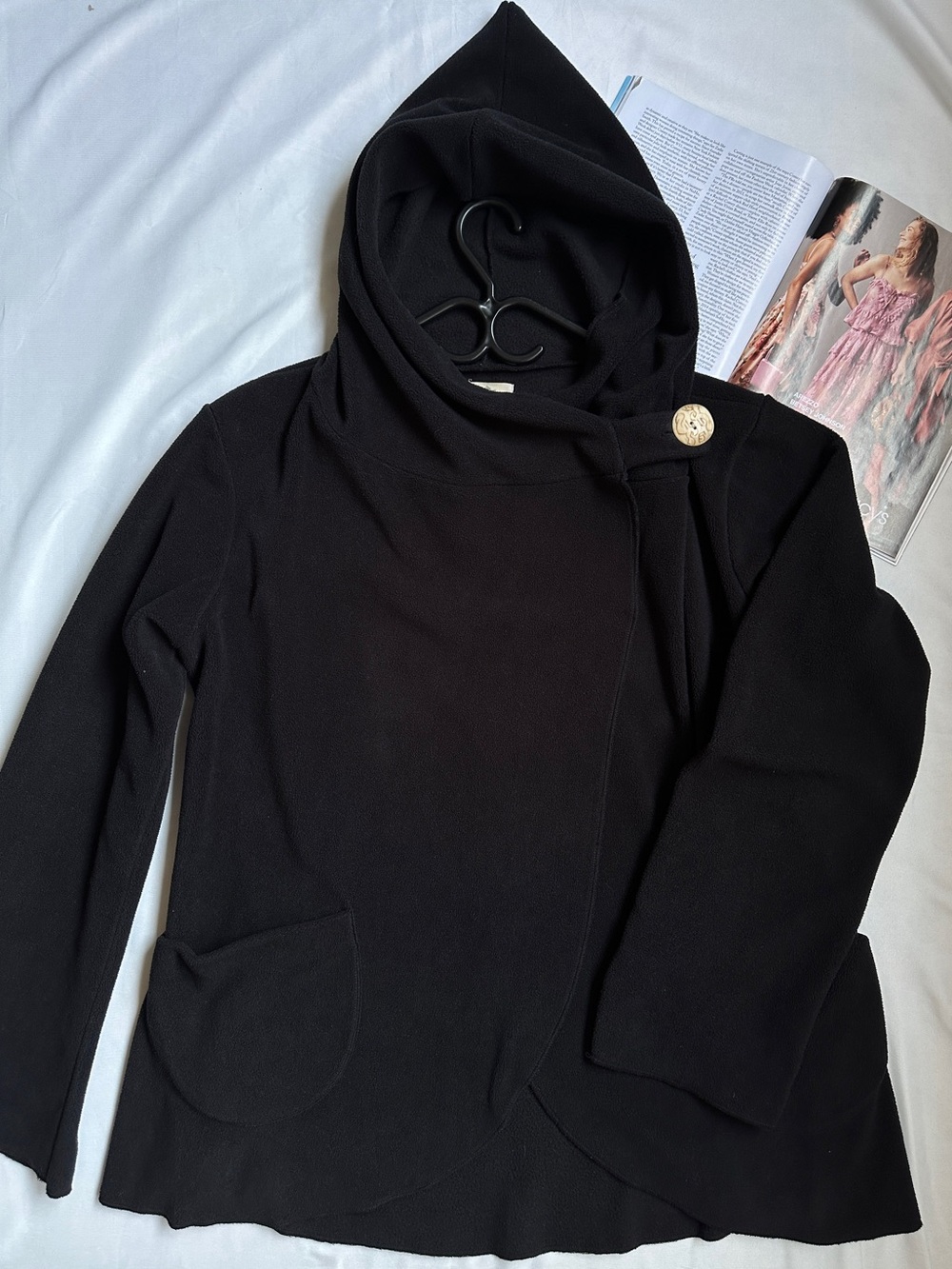 Black fleece cardigan with a hood